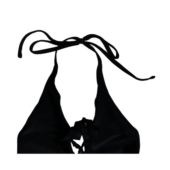 Aerie Solid Black Lace Up Front Plunge One Piece Halter Swimsuit Maillot Size M - Picture 2 of 7